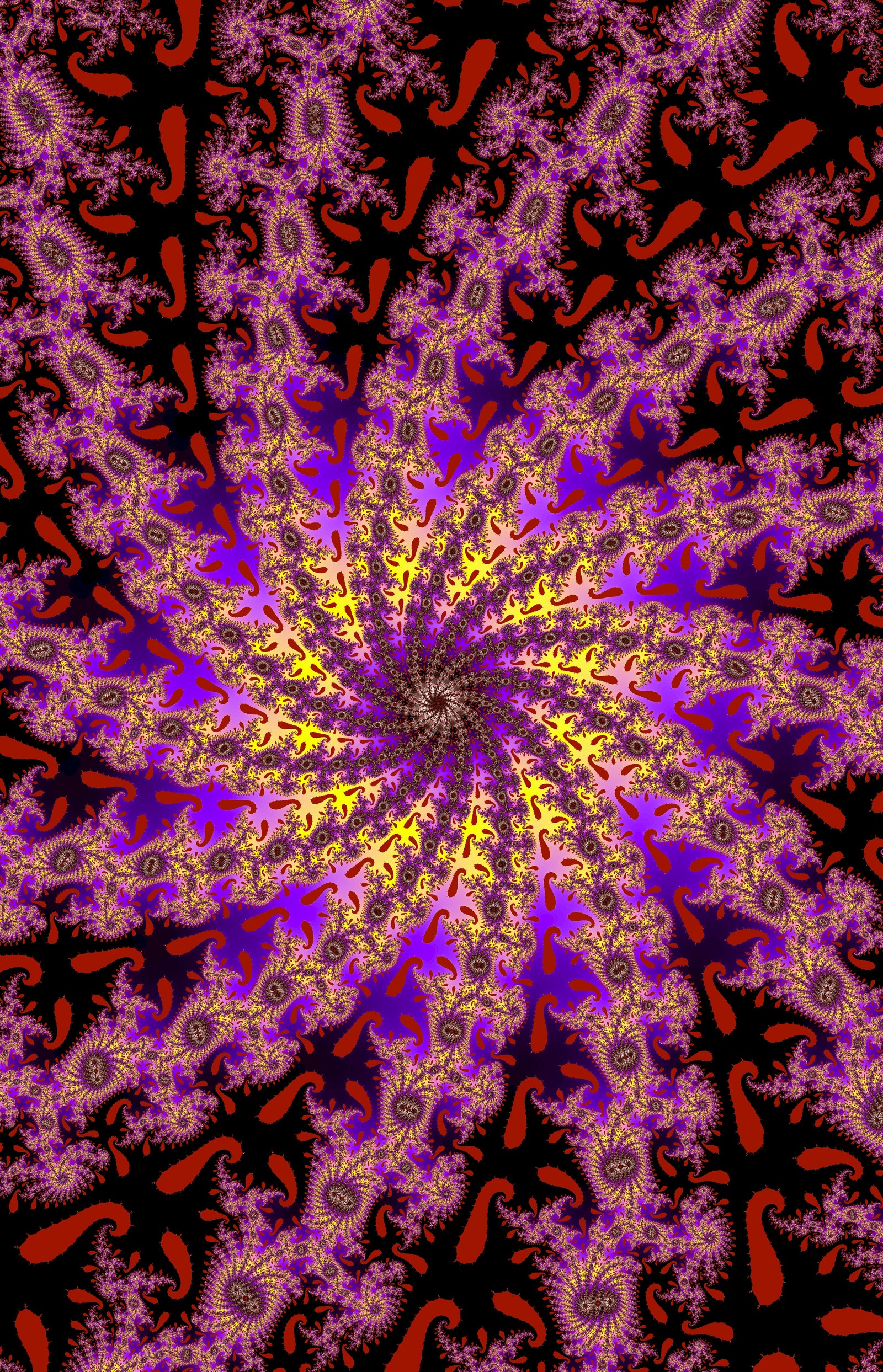 A close up of a purple and yellow flower with paisley designs (art, fractal art, fractal, psychedelic art, design)