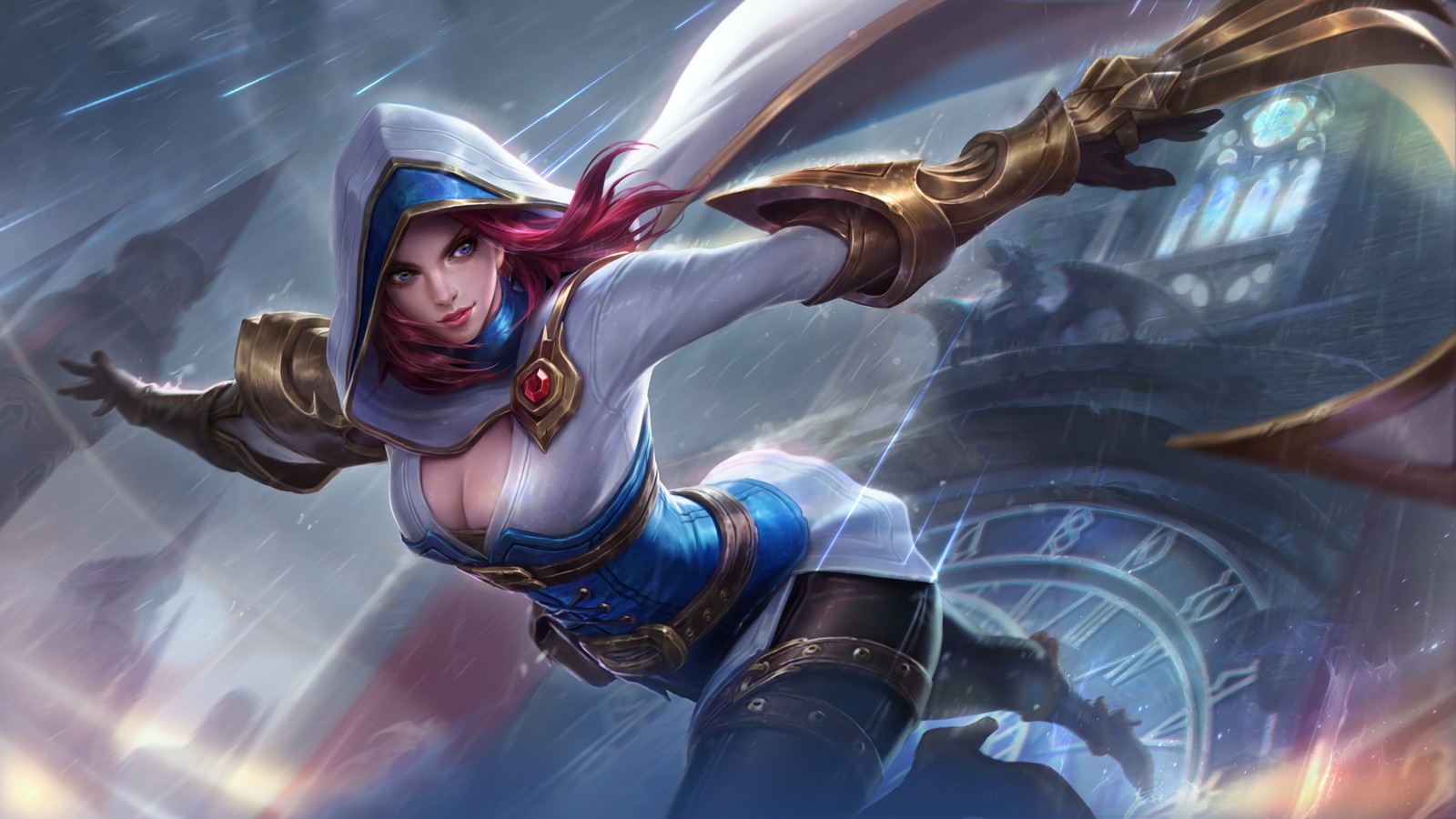 Une femme en tenue bleue tenant une épée et une horloge (natalia, mobile legends, jeu vidéo)