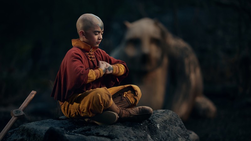 Арафед монах сидит на камне с медведем на заднем плане (анґ, aang, аватар легенда об аанге, avatar the last airbender, netflix)