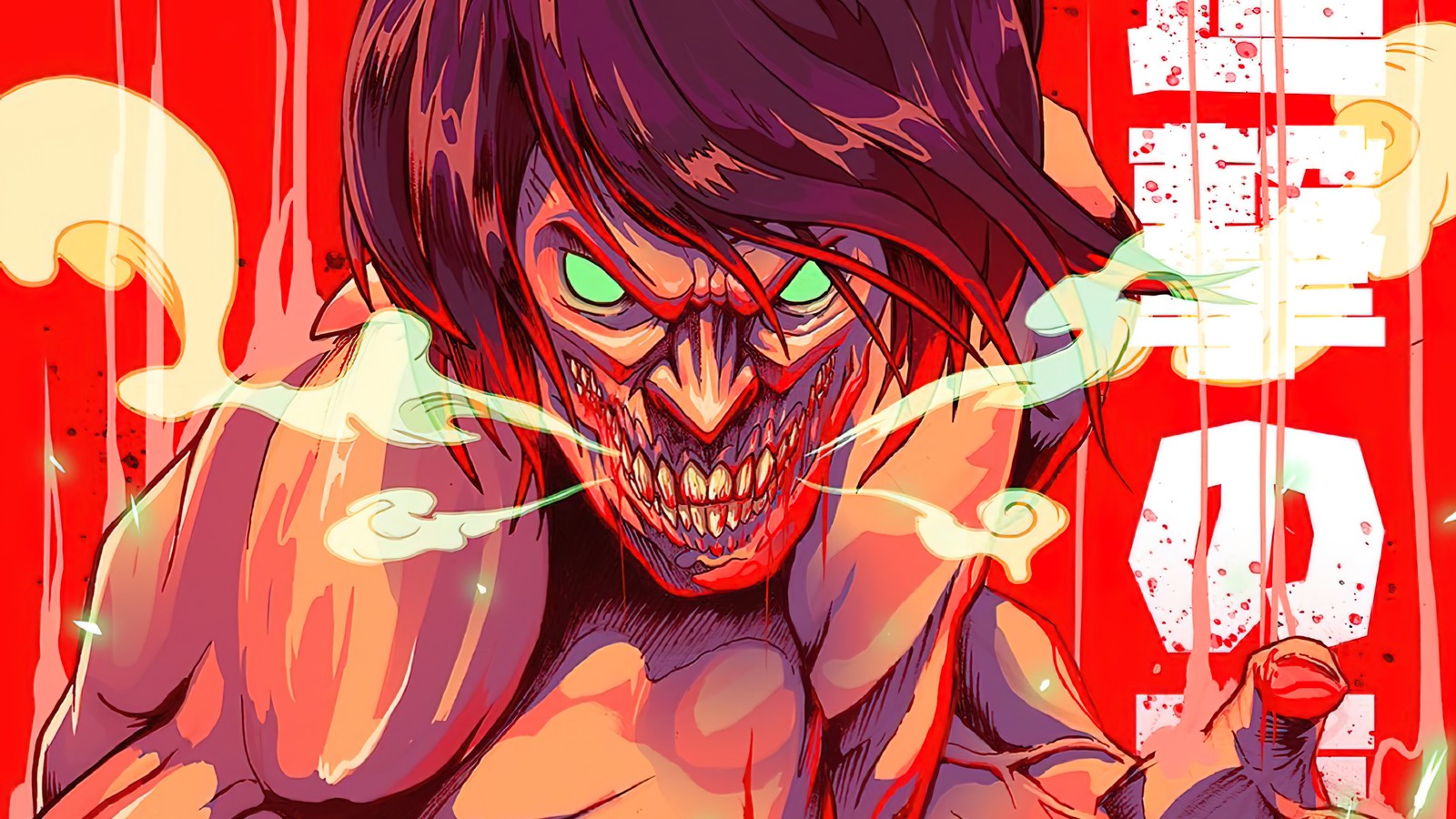 Une image de dessin animé d'un zombie avec des yeux verts et un visage ensanglanté (lattaque des titans, attack titan, attack on titan, shingeki no kyojin, aot)