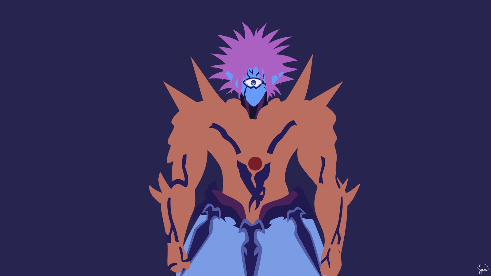 Imagen de dibujos animados de un hombre con cabello rosa y cuerpo azul (boros, one punch man, anime, minimalista)