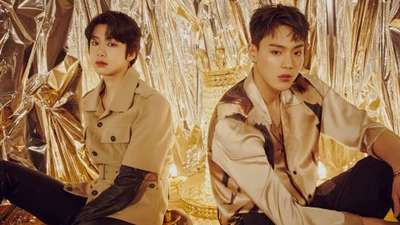 Die Mitglieder von Monsta X Hyungwon und Shownu posierten stilvoll vor einem schimmernden goldenen Hintergrund und zeigten ihre Ausstrahlung für das Album "Fantasia X".