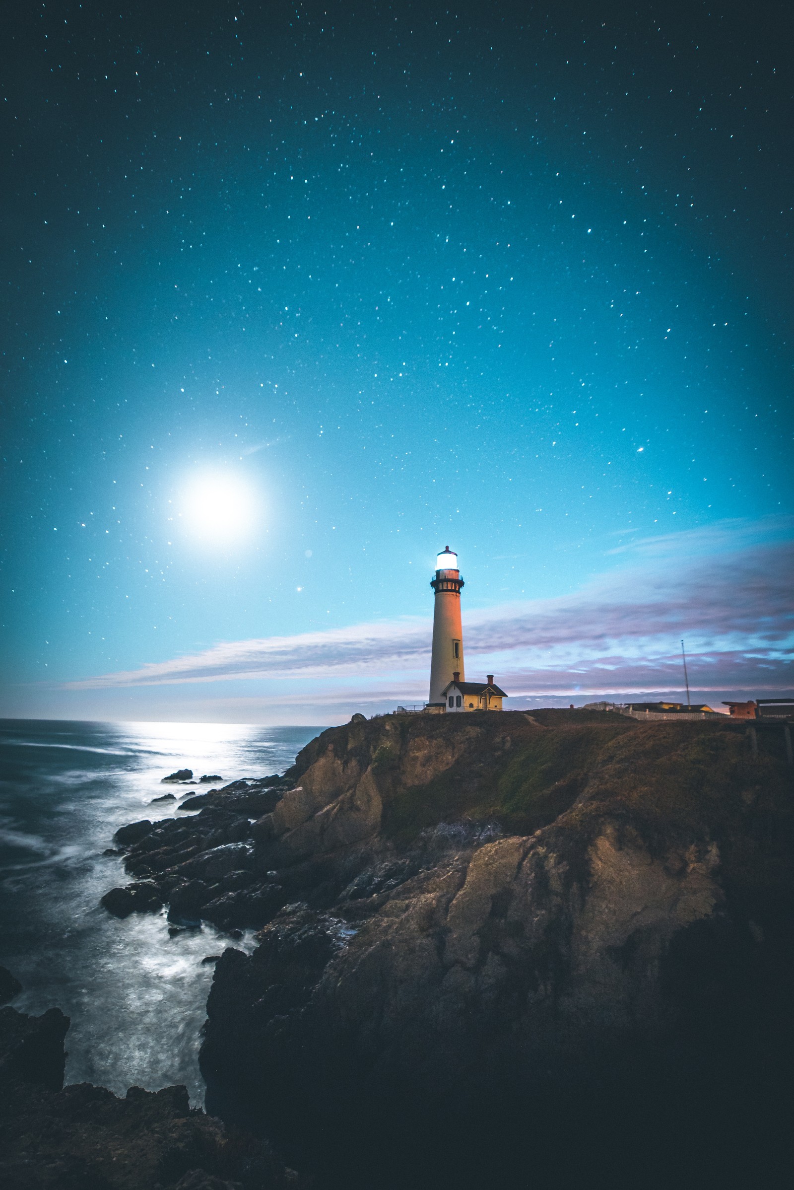 Vista de uma araucária de um farol em uma costa rochosa sob a lua cheia (farol, luz, atmosfera, água, natureza)