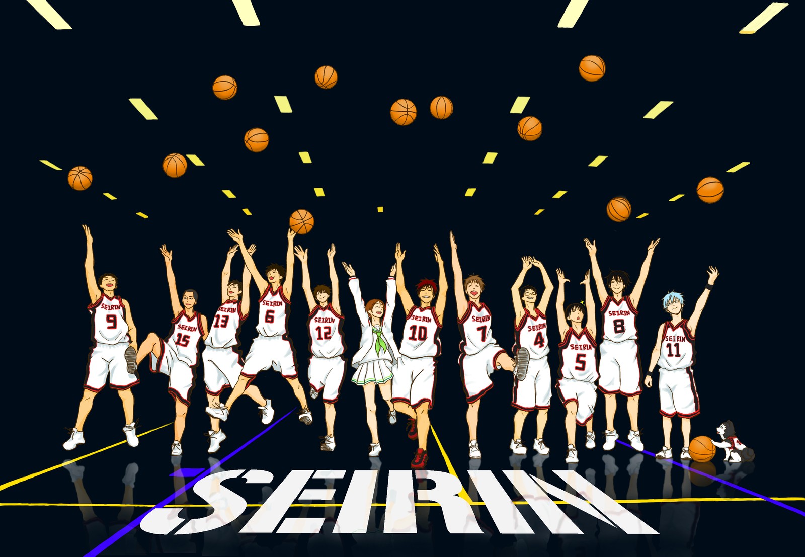 Luftaufnahme einer gruppe von menschen, die basketball auf einem platz spielen (tetsuya kuroko, kurokos basketball, riko aida, taiga kagami, beifall)