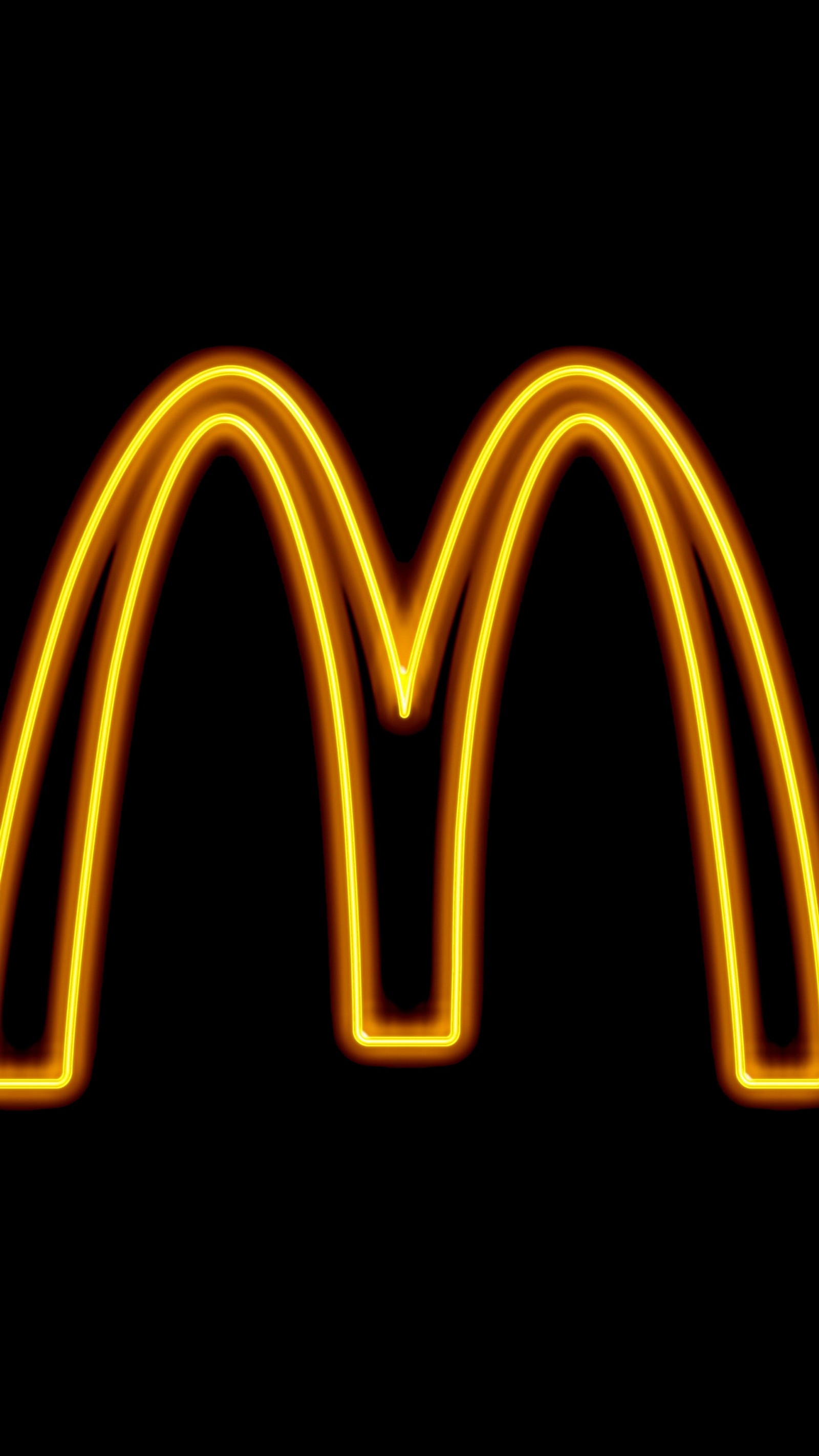 Un primer plano de un logo de mcdonald's de neón sobre un fondo negro (ligero, gráficos, amarillo, simetría, fuente)