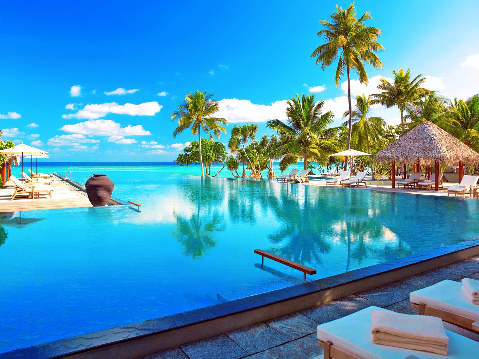 Une vue d'une piscine avec des chaises longues et des palmiers (station, piscine, vacances, caribéen, station balnéaire)