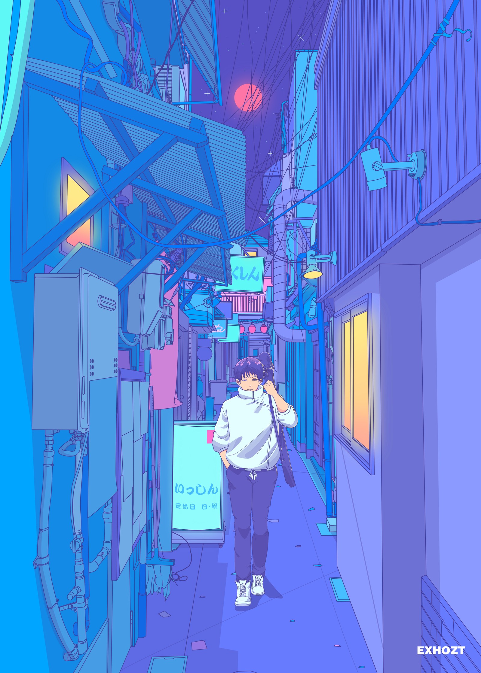 Baixar papel de parede yuta okkotsu, japonês, rua, obra de arte, vaporwave