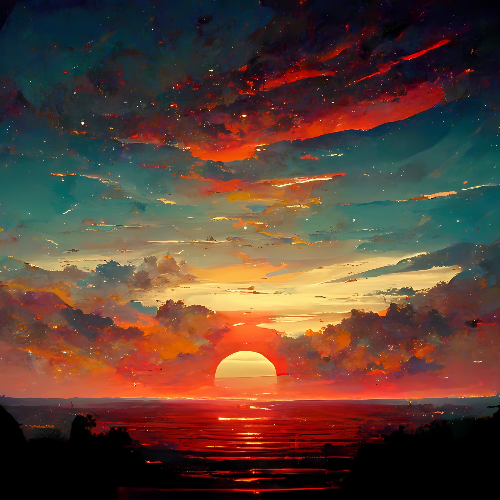 Pintura de un atardecer sobre el océano con un banco en primer plano (agua, nube, atmósfera, resplandor, naturaleza)