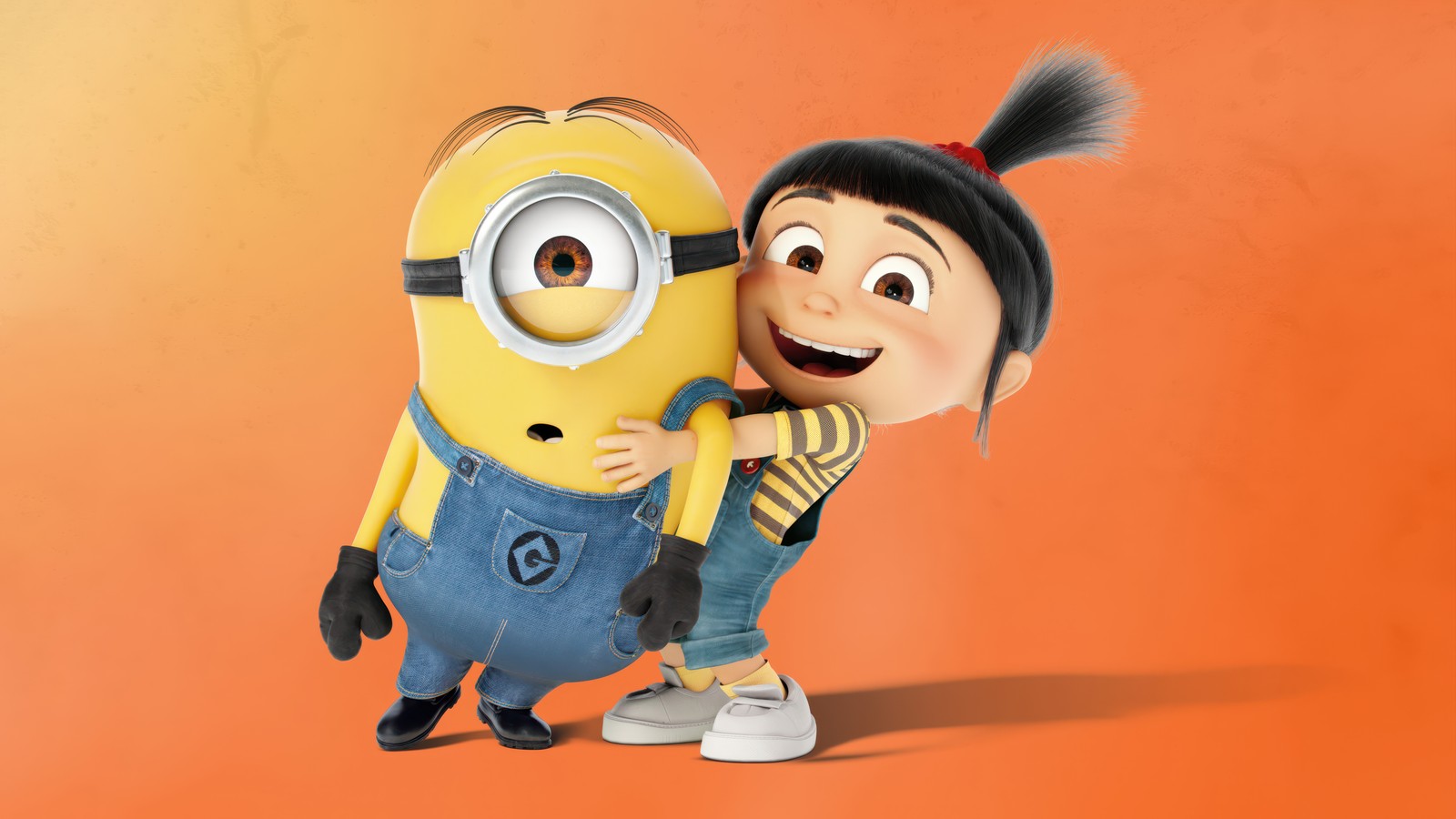 A cartoon character holding a small yellow minion in front of an orange background (agnes, minion, despicable me, 5k, 8k)