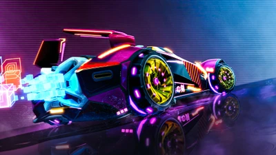 Неоновый автомобиль Rocket League в цифровом ландшафте в стиле вейпорвейв