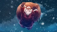 Santa Claus soaring through the snowy night sky with his sack of gifts.