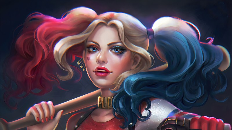 Крупный план женщины с битой в руке (harley quinn, искусство, dc comics, комиксы)