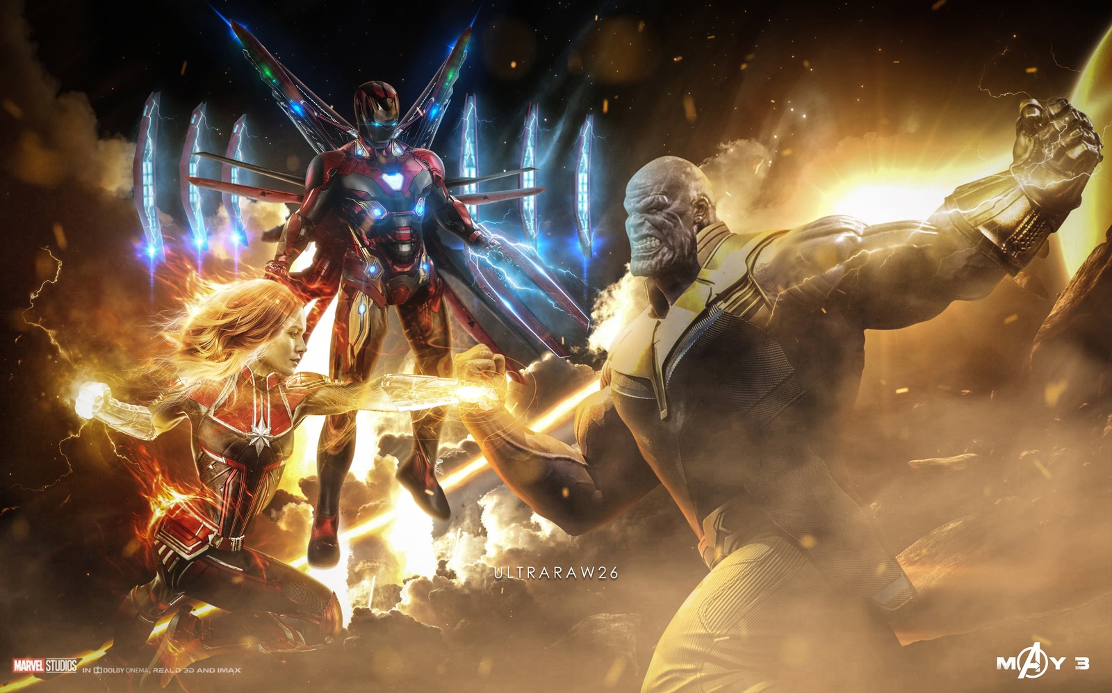 A man in a suit and a helmet holding a sword in front of a giant robot (iron man, thanos, captain america, superhero, entertainment)