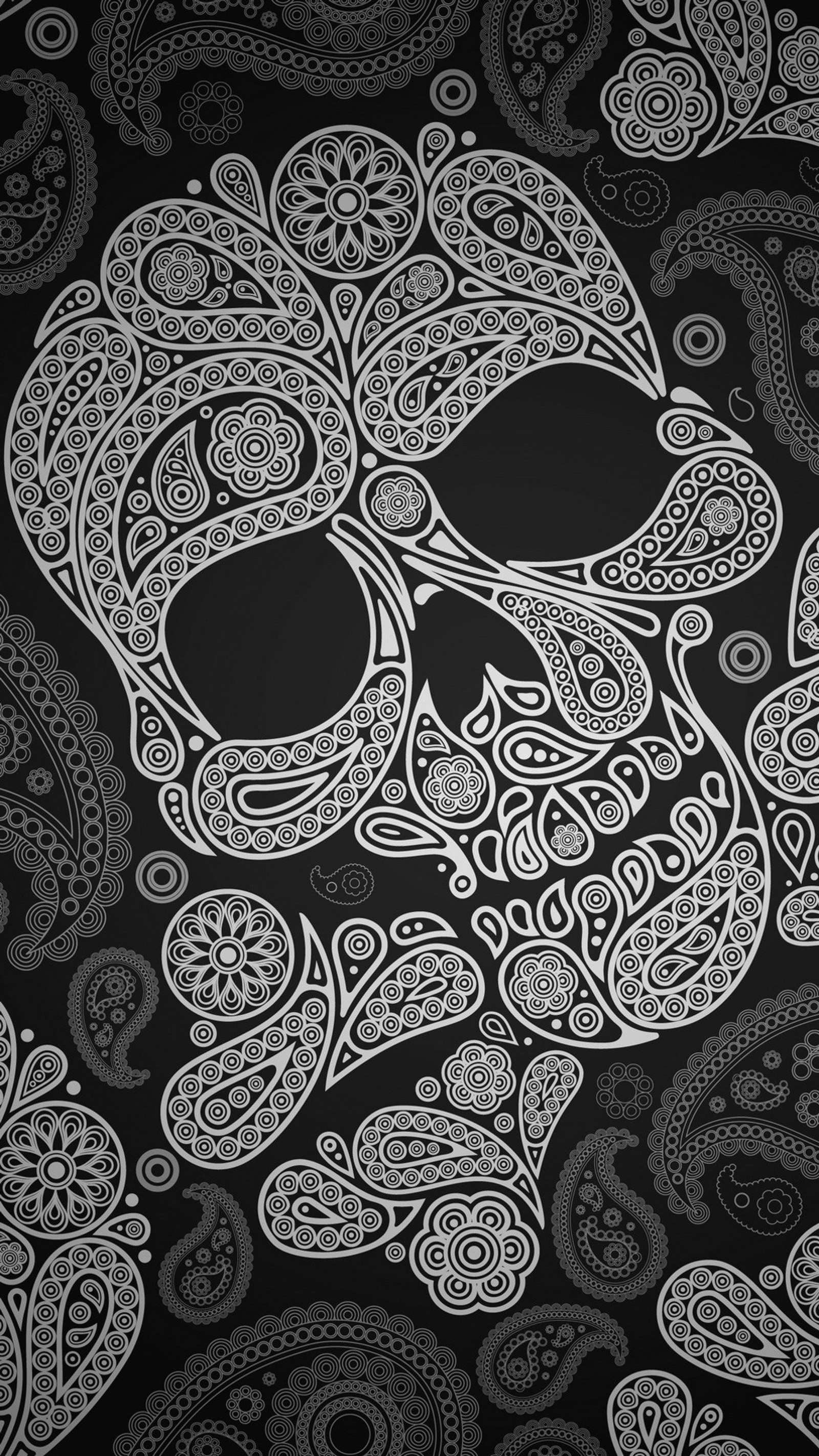 Un cráneo de paisley en blanco y negro con gafas de sol sobre un fondo negro. (paisley, patrón, dibujo, ilustración, artes visuales)