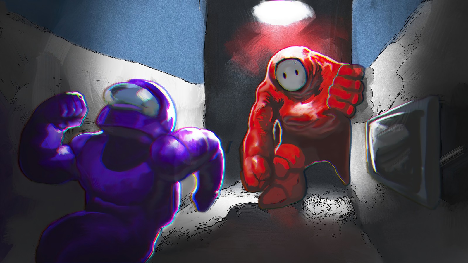 Cartoon of a man in a red suit and a purple man in a blue suit (among us, video game)