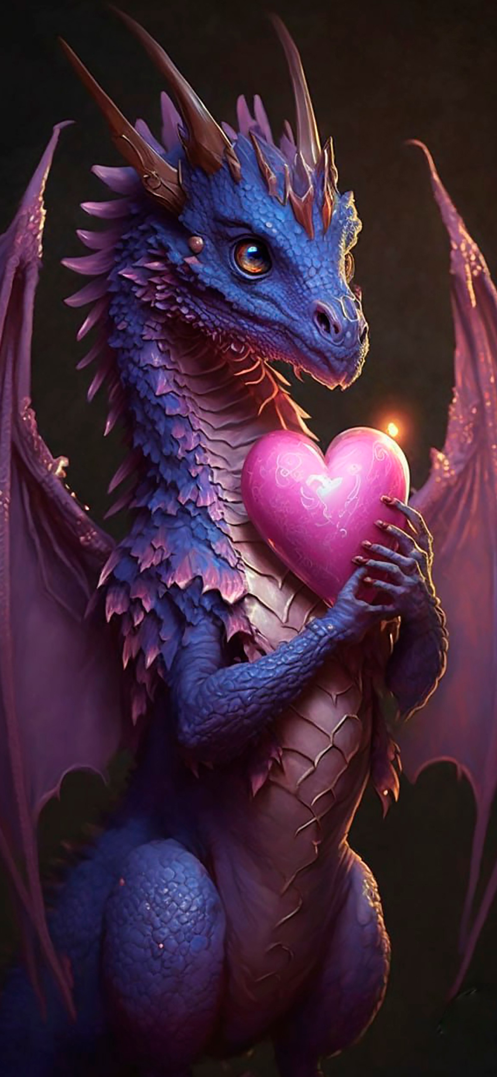 A close up of a dragon holding a heart in its paws (dragon, light, purple, extinction, art)