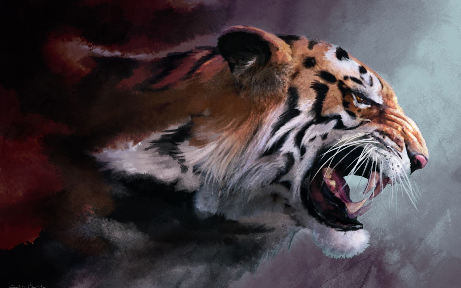 Pintura de un tigre rugiendo con la boca abierta (pintura, tigre, vida silvestre, rugido, bigotes)