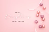 Feliz Natal e próspero Ano Novo em um fundo rosa pastel com decorações festivas.