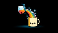 Kawaii Regenbogenkaffee, der in eine süße Tasse auf schwarzem Hintergrund gießt