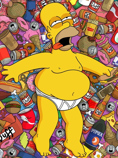 Homer Simpson entouré de délices de malbouffe