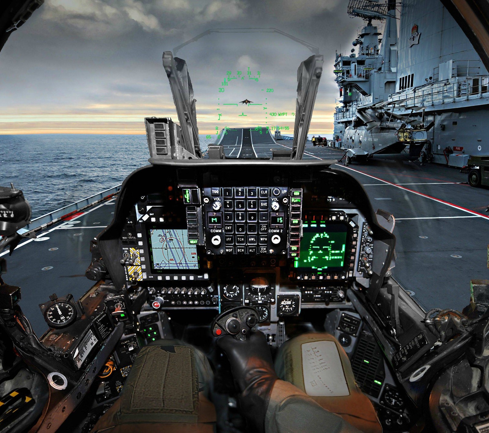 Vista del cockpit de un barco militar con vista al océano (avión, transportador, cabina, luchador, harrier)