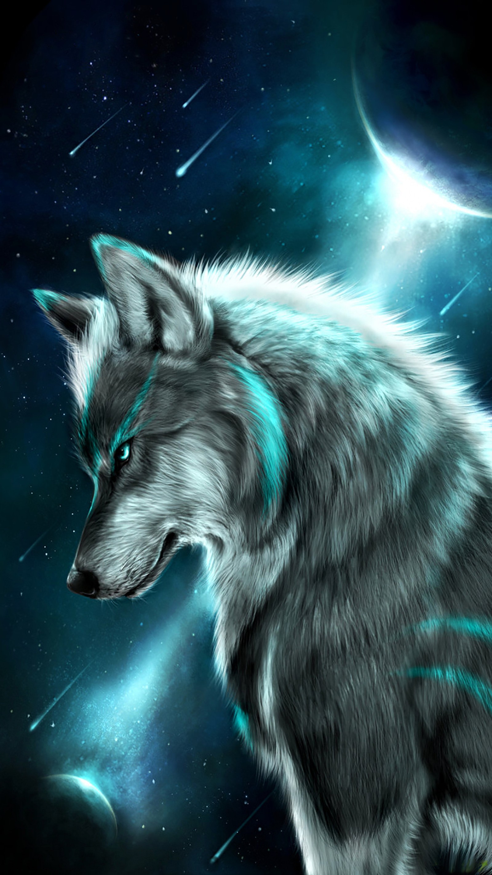 Lobo con ojos azules y estrellas de fondo (noche, wolfe)