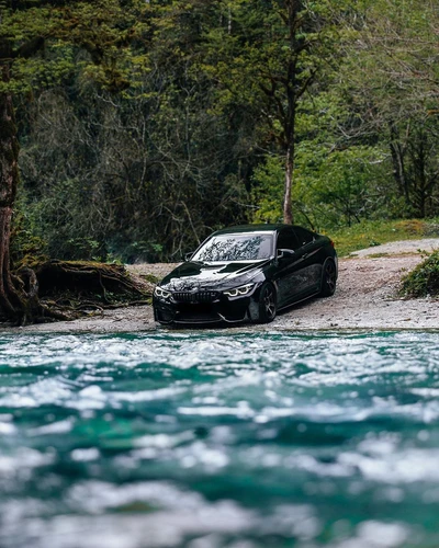 BMW M4 Coupé F82 preto à beira de um rio na natureza