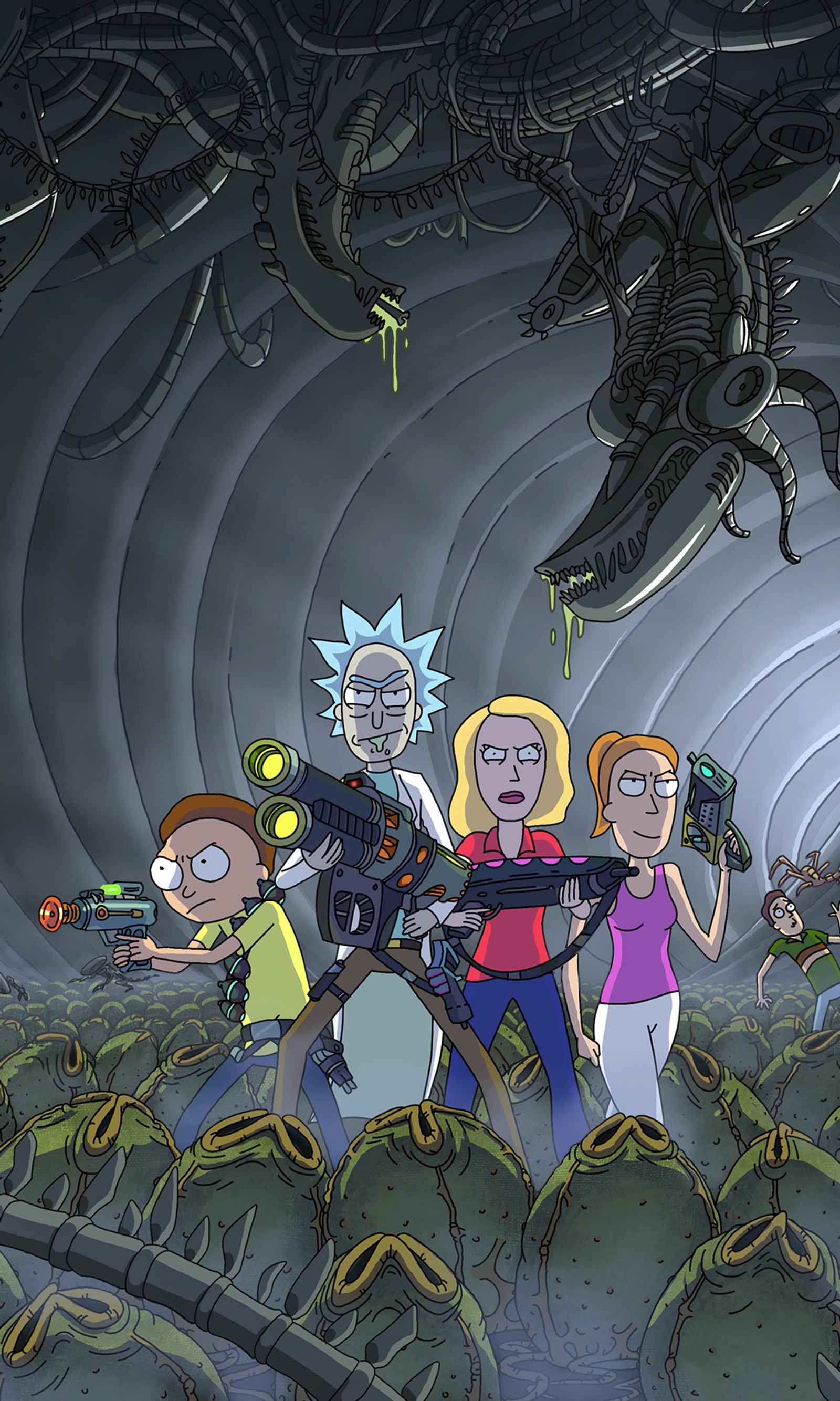 Cartoon of a group of people standing in a tunnel with a giant alien (morty, rick, rick and morty)