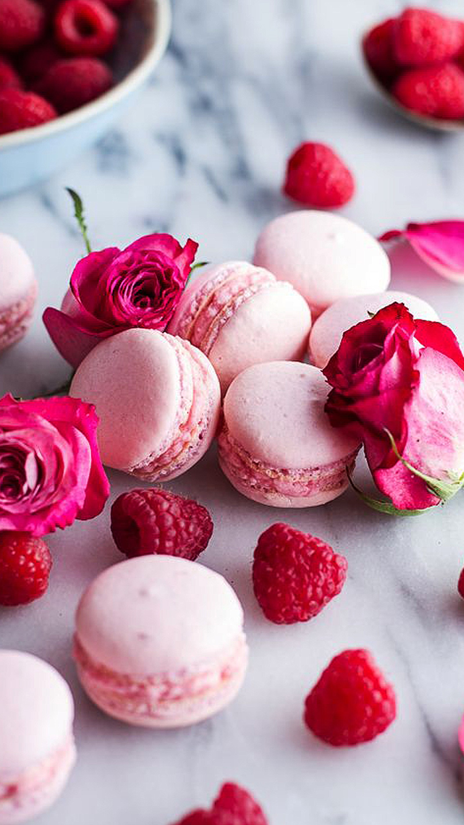 Rosas e framboesas estão espalhadas em uma mesa de mármore (baga, biscoito, flor, rosa)