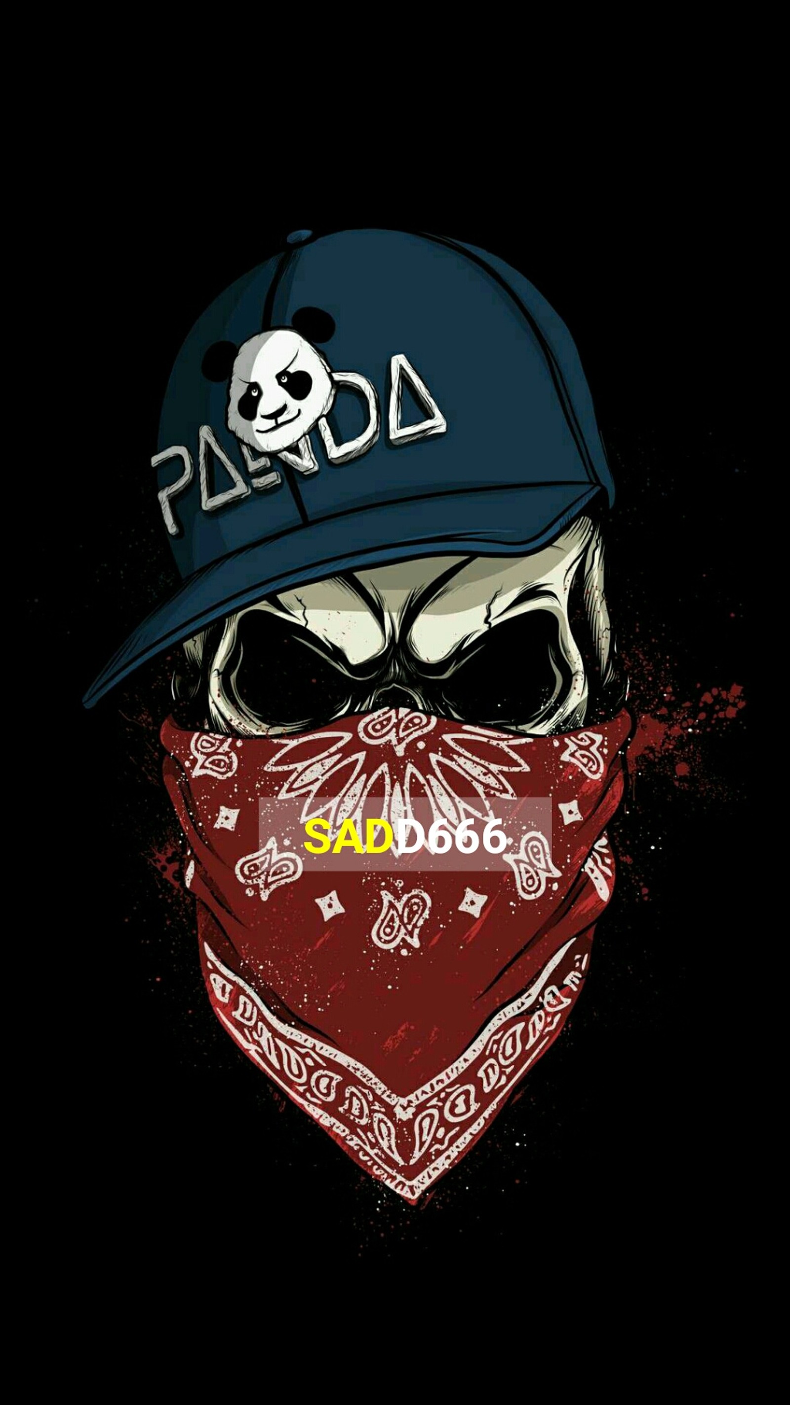 Skull wearing a bandana and a baseball cap with a skull on it (caveira, sadd666)