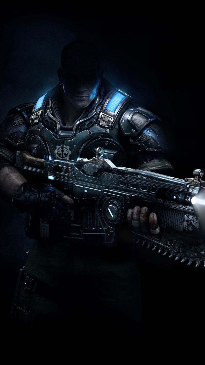 Геймер с оружием в темной комнате при свете (gears of war, gears of war 2, gears of war 3, gears of war 4)