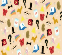 Colorful pattern featuring iconic symbols and characters from "Gravity Falls," including ice cream cups, question marks, and various shapes like triangles and hearts.