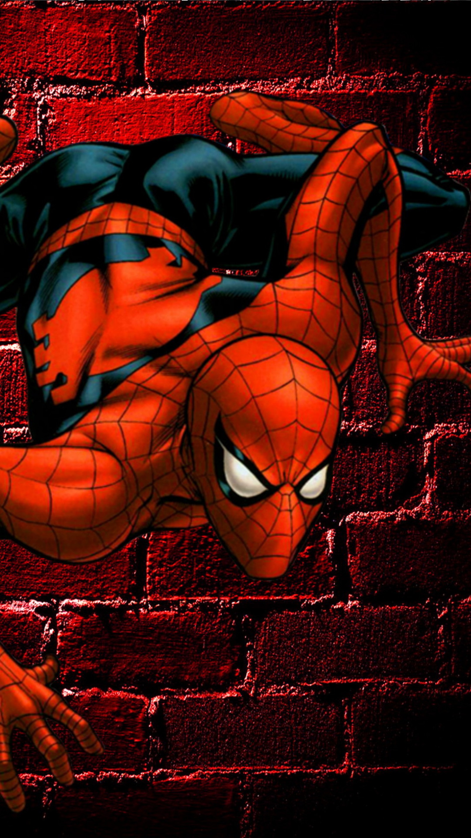 Spiderman allongé sur un mur en briques avec les bras tendus (incroyable, spiderman)