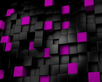 Dynamic 3D Composition of Black and Purple Cubes