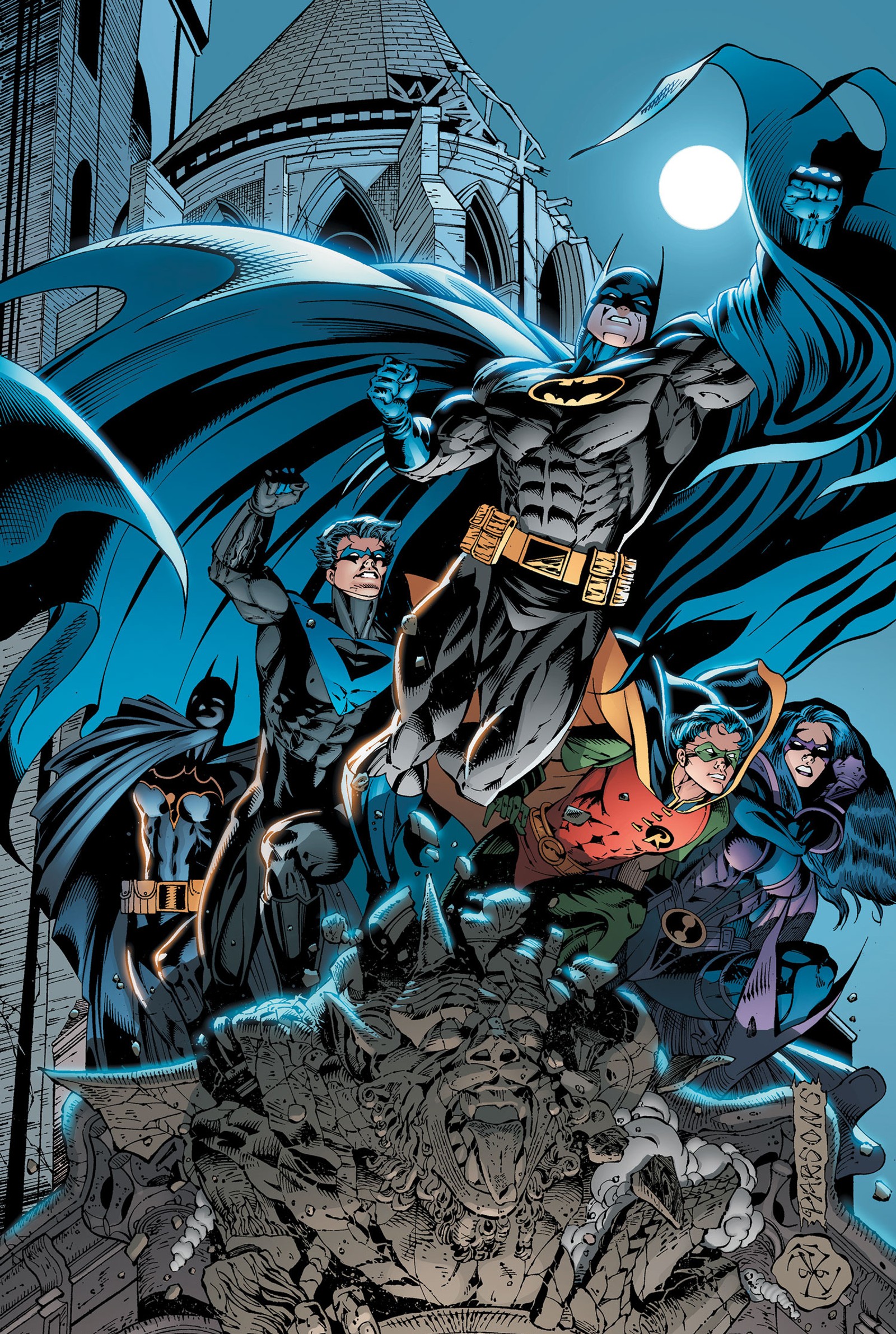 Batman and his family are standing on a pile of rubble (batman, comics, dc, nightwing, robin)