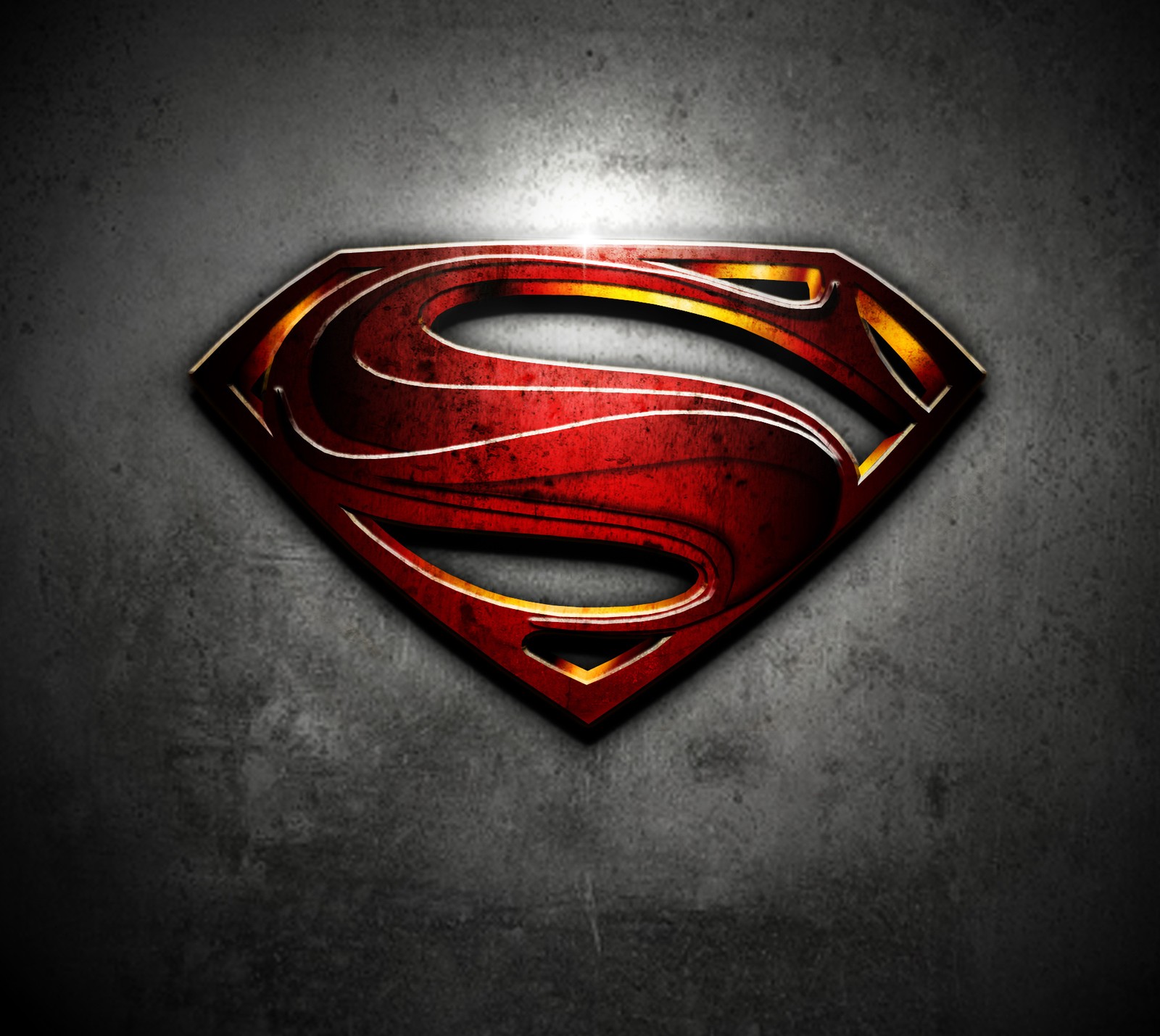 A superman logo on a metal surface (darkdroid, dc, man of steel, super man)