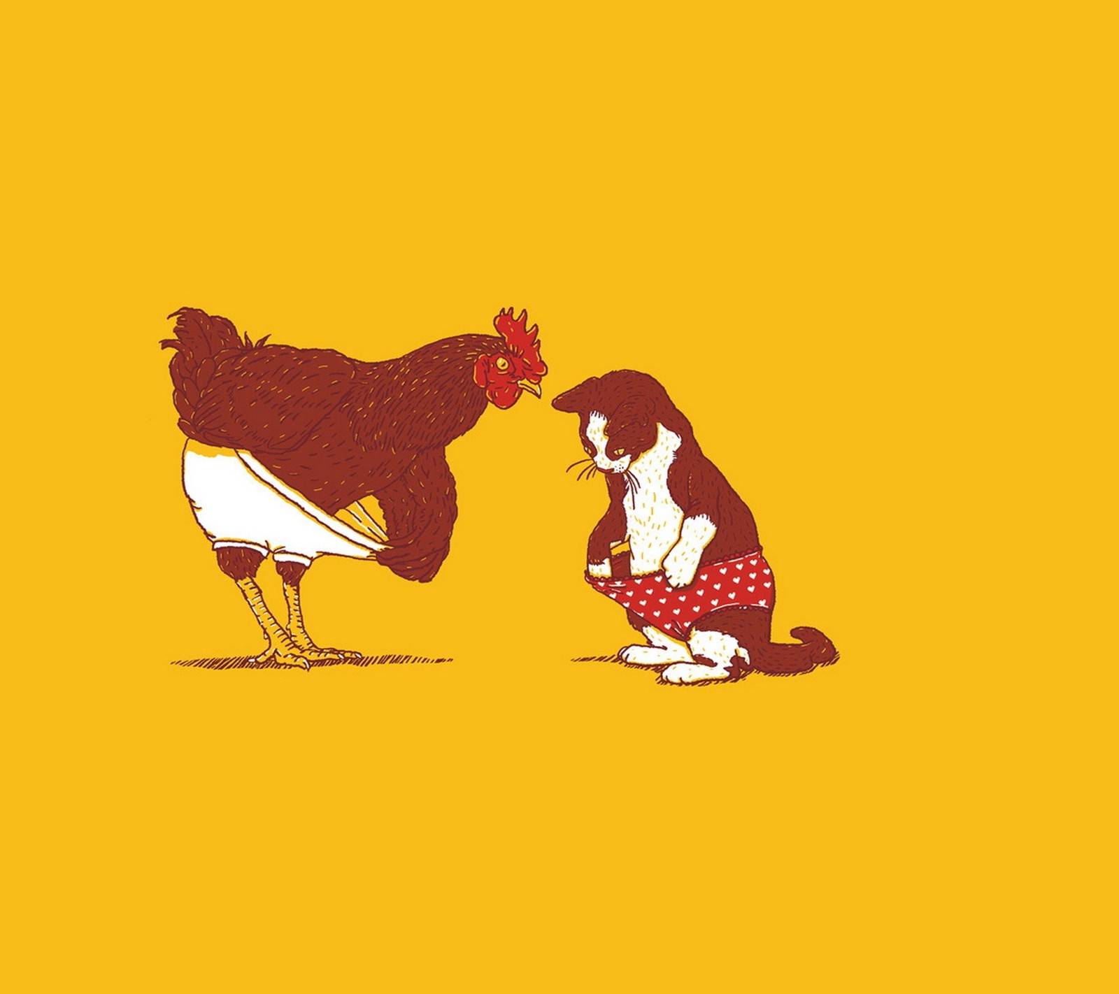 Illustration of a cat and a chicken on a yellow background (cartoons, cat, comedy, drawn, funny)