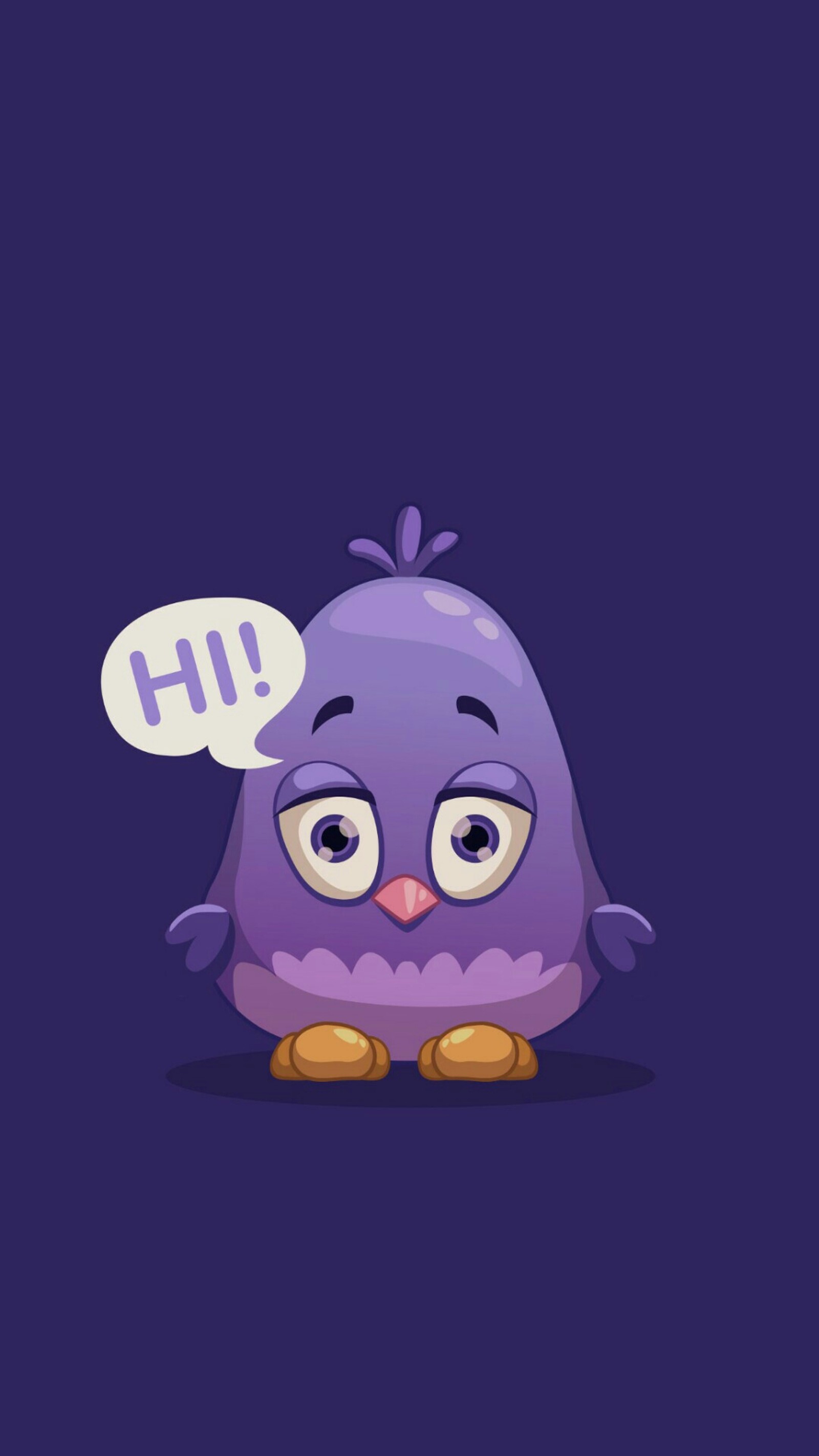 A purple bird with a speech bubble saying hh (bird, hi)