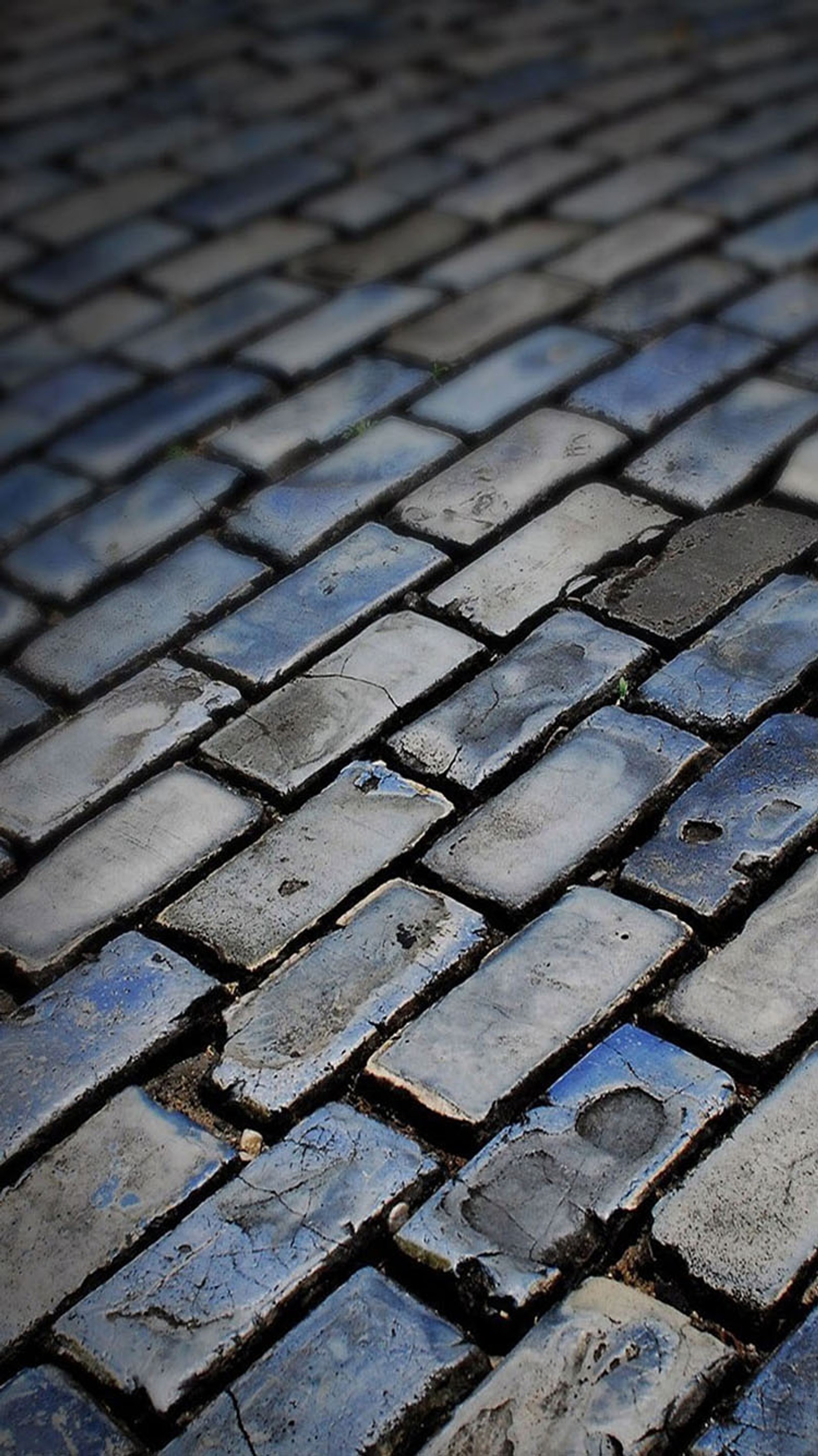 A close up of a brick sidewalk with a blue sky in the background (floor, tiles)