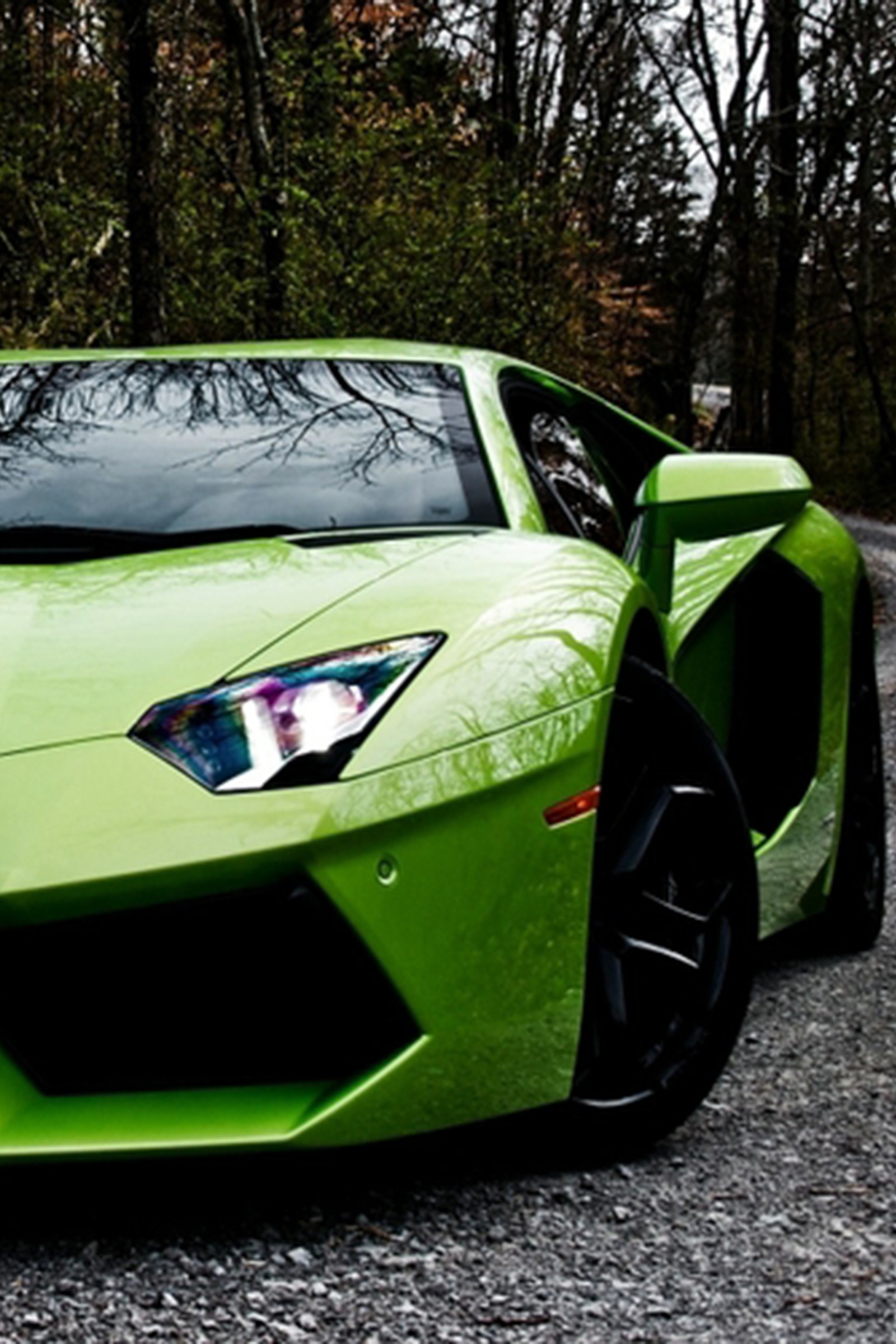 A close up of a green sports car parked on a gravel road (green car, lamborghini)