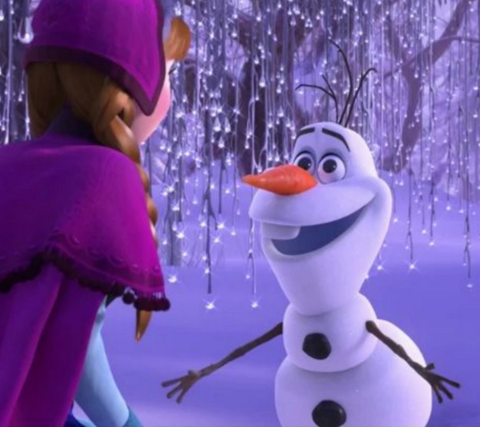 A close up of a snowman and a frozen princess in a snowy forest (friends, frozen, happy, snow, snowman olaf)