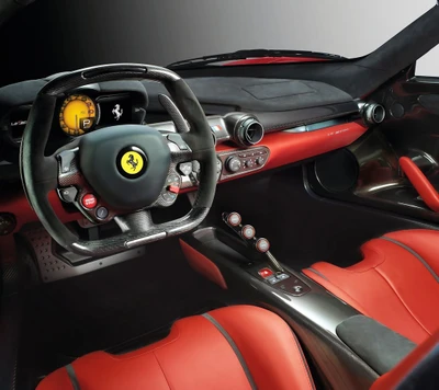 Interior de um Ferrari LaFerrari exibindo um design elegante e luxuosos acentos vermelhos.