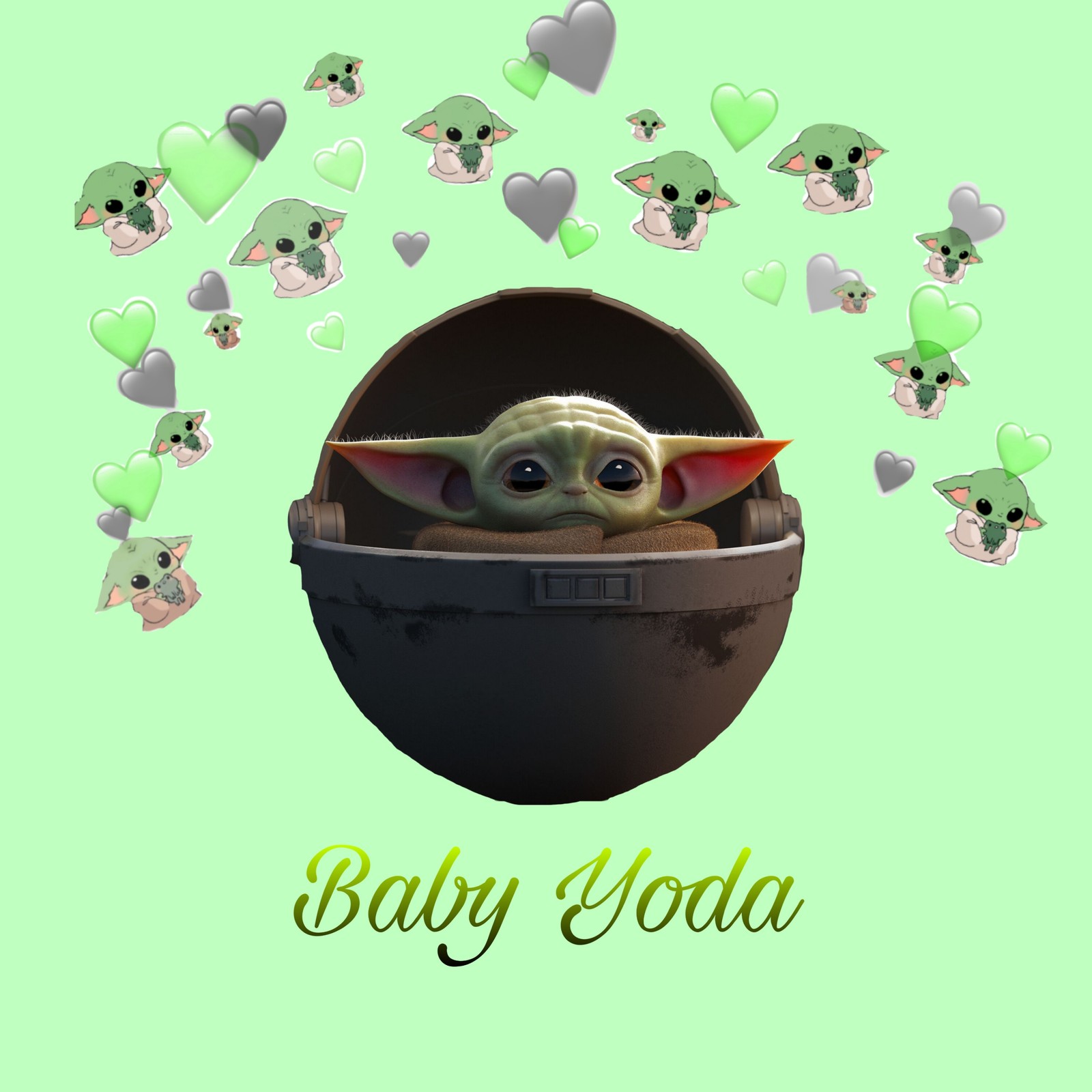 Baby yoda is in a bowl with hearts flying around it (baby yoda, yoda)