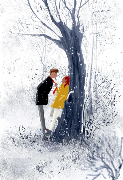 Winter Romance: A Couple Embracing Beneath a Snowy Tree