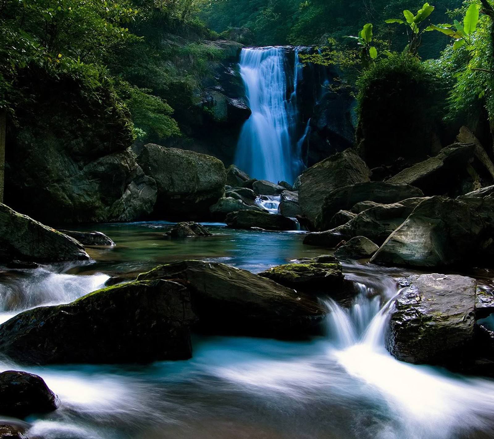 Una cascada en medio de un bosque con rocas y agua (bosque, hd, cascada)