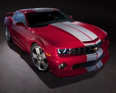 Striking Red Chevrolet Camaro with Bold White Stripes