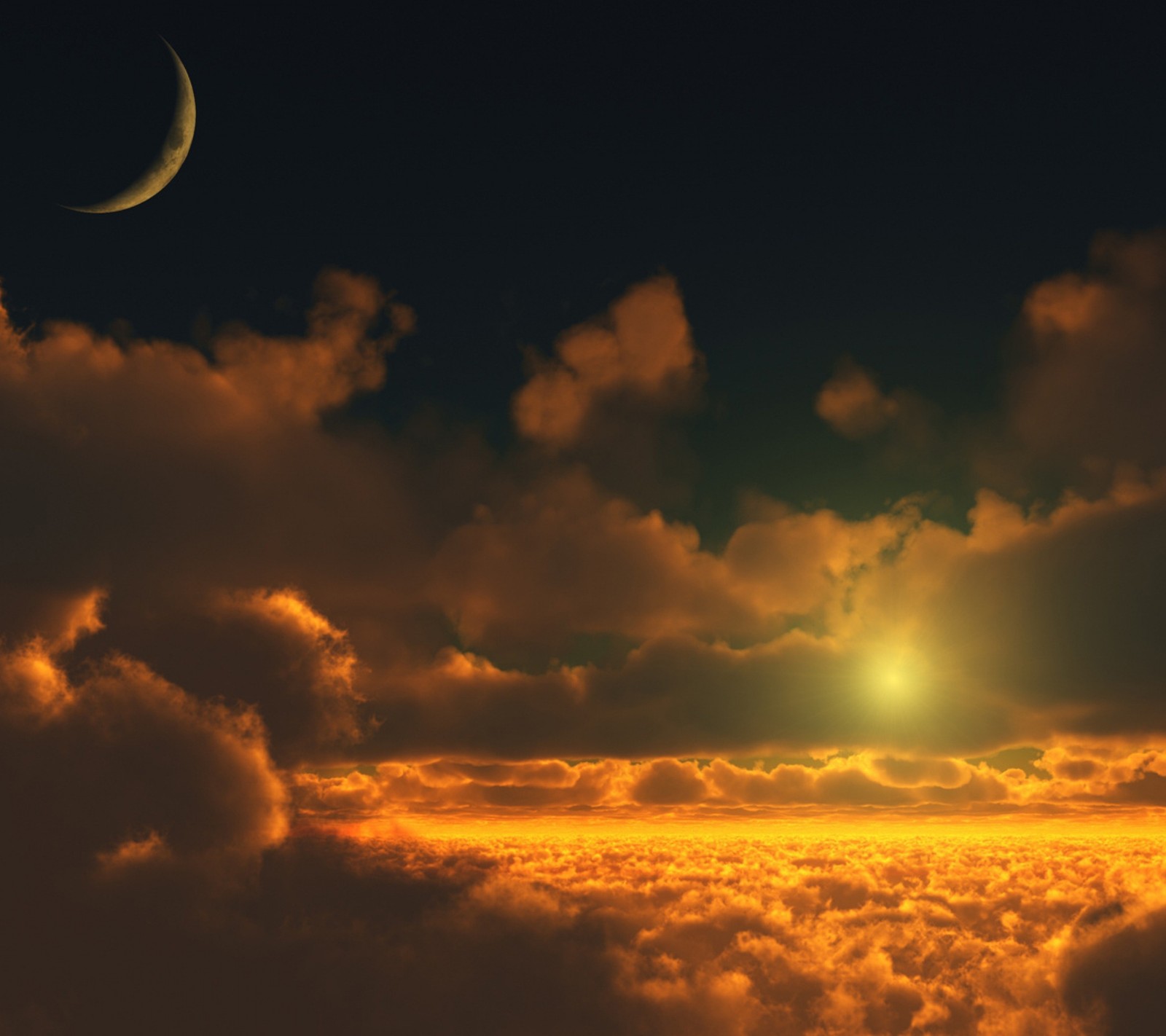 A view of a crescent moon and a cloud filled sky (cloud, evening, fire, moon, sky)