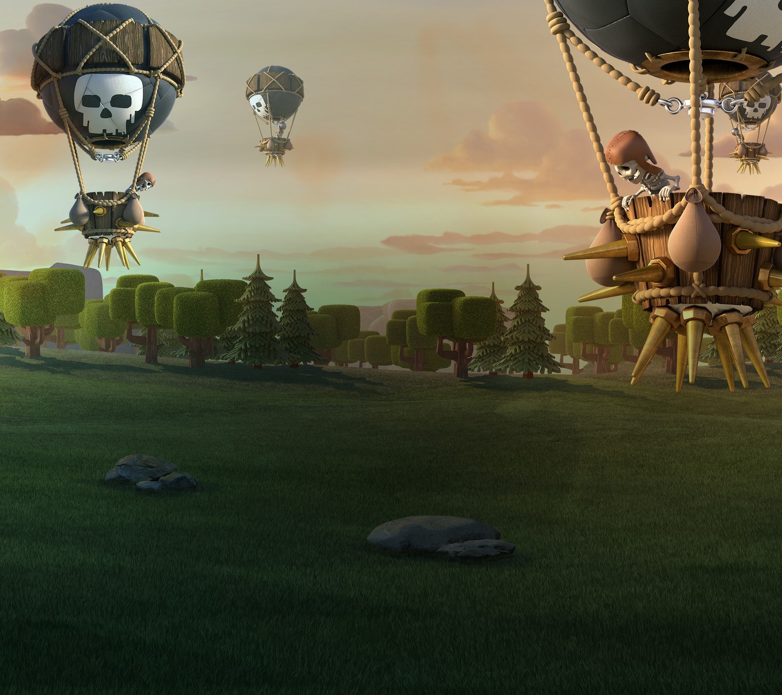 Viele heißluftballons, die über ein feld fliegen (3d, clash of clans, clash of clan, fond)