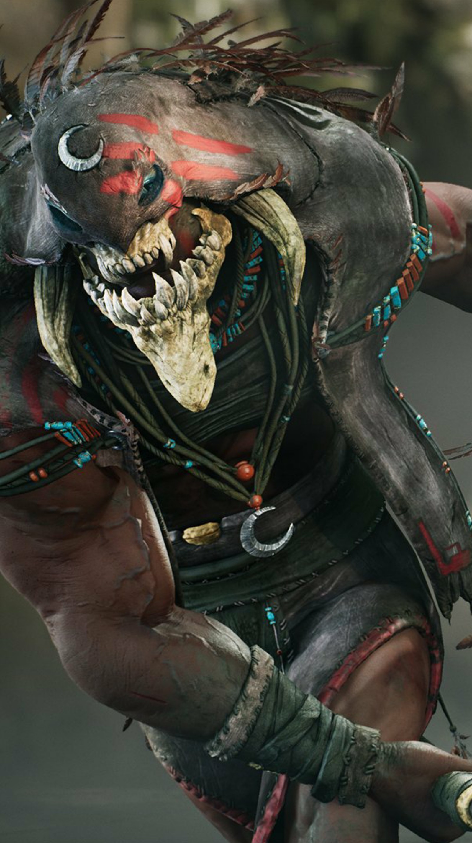 A close up of a person with a knife and a demon face (asesino, hombre, jungla, khaimera, paragon)