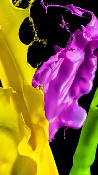 Vibrant splashes of yellow, purple, and green paint against a black background.